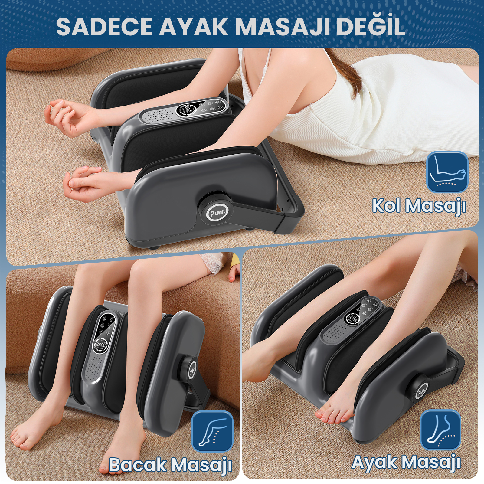 Purr Air Eight - Hava Basınçlı, Isı Terapi ve Titreşimli, Shiatsu Ayak ve Bacak Masaj Aleti Siyah