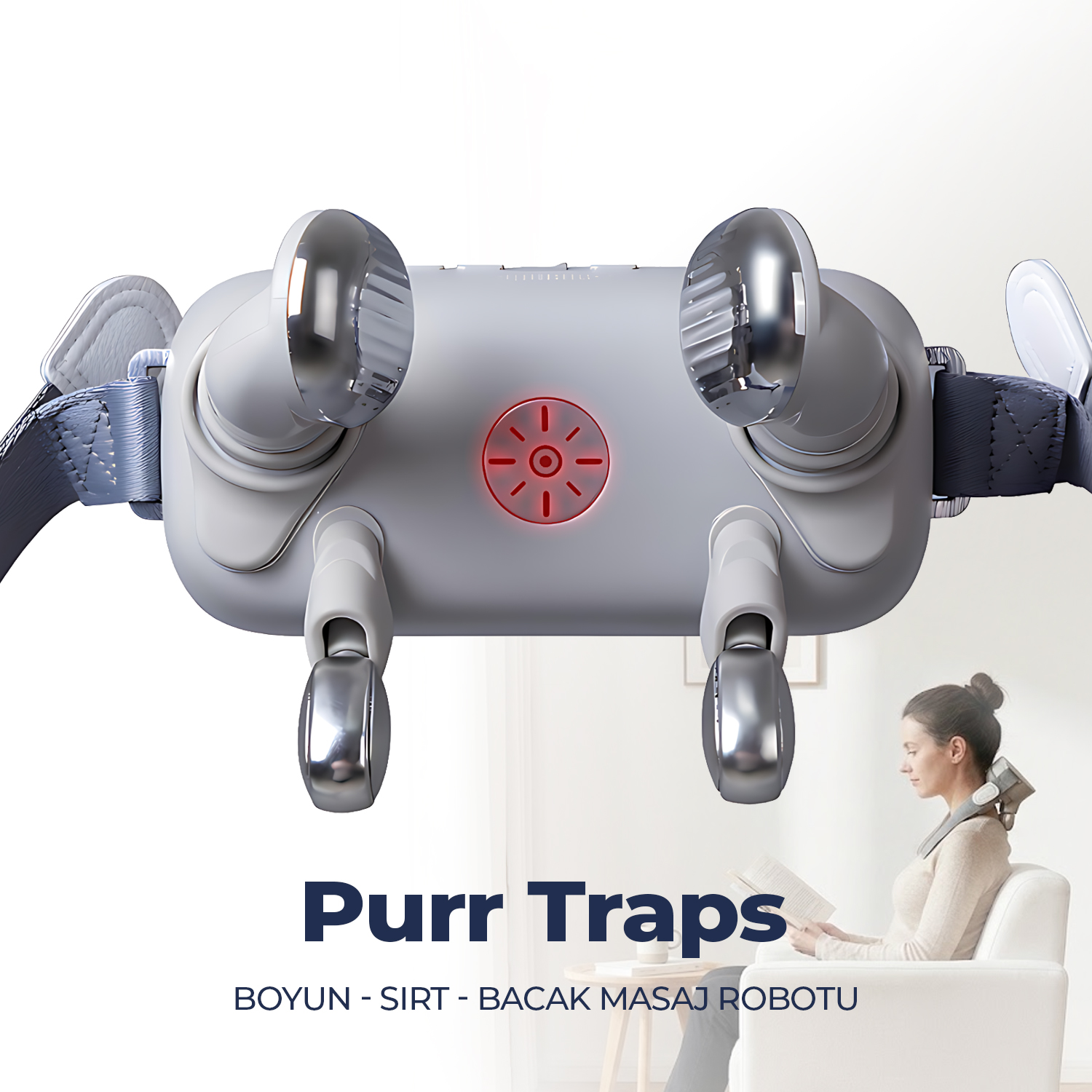 Purr Traps Boyun Masaj Aleti – İnsan Eli Hissi, Şarjlı, 4D Ovmalı, Uzaktan Kumandalı - Boyun, Sırt ve Bacak Masaj Robotu